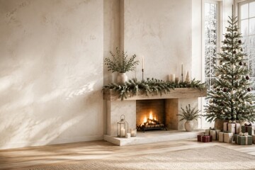Obraz premium Elegant Christmas living room with fireplace and decorated tree