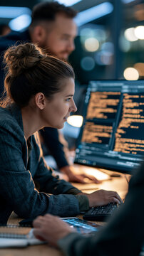 Engineer working on programming code for an artificial intelligence algorithm with a colleague, over the shoulder view showing the monitor with faces turned away, bright modern