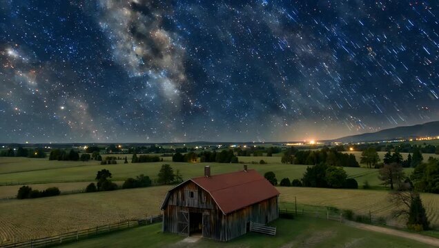 Spectacular 4K time-lapse sequence tracking circular star trails rotating across the night sky above an old farm barn illustrating cosmic motion and celestial long-exposure photography in rural