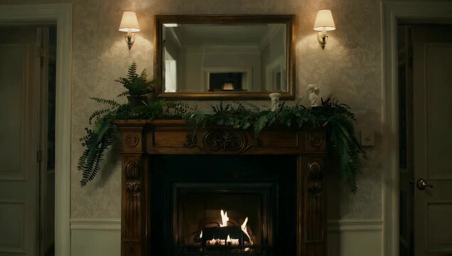 Cozy 4K Ultra HD interior atmosphere video of a classic fireplace with a mantle piece covered in greenery positioned below a decorative mirror showing the room is dimly lit creating a highly cozy