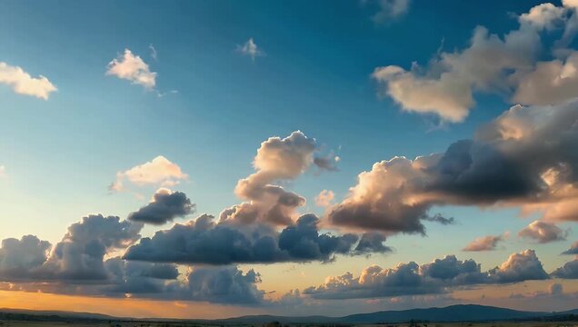 High-resolution 4K low-angle time-lapse showing thin cirrus and fluffy cumulus clouds expanding across a summer horizon providing a vast sky backdrop for scenic outdoor production