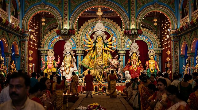 Intricate hindu goddess durga statue with multiple arms surrounded by deities in ornate temple setting