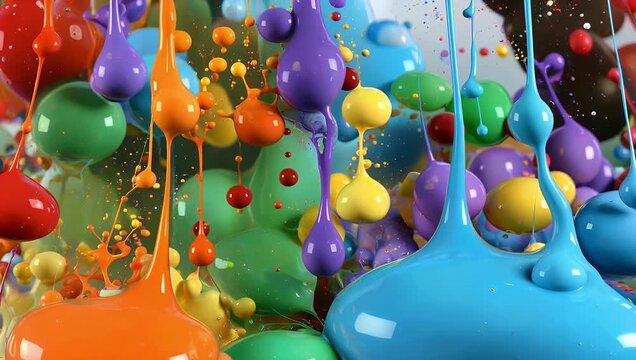Colorful 4K Ultra HD stop-motion vector loop cartoon animation background featuring abstract multicolored drops in different sizes creating an engaging abstract fluids cartoon background effect for