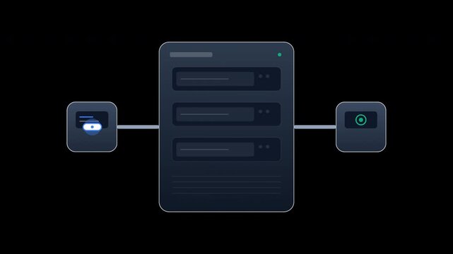 Cloud computing server rack synchronizing digital files with a pre-multiplied opacity layer in a dark minimalist interface for web hosting marketing