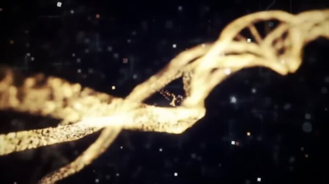 Glowing golden DNA double helix strand rotating slowly in dark space with sparkling particles floating around it in a 3D animation of genetic code for science biology and medical research concepts