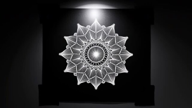 White radial line pattern expands outward from a small central rosette into an intricate flower-like mandala, centered on a black panel beneath a bright overhead spotlight