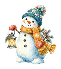 Obraz premium PNG Watercolor Christmas snowman with scarf, lantern, and pine branches