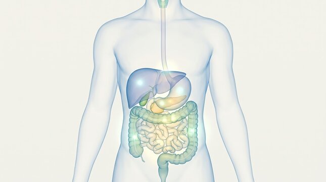 Human Digestive System Anatomy Illustration Showing Stomach, Liver and Intestines