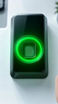 Hand presses fingertip onto wall-mounted fingerprint reader as circular status light shifts from blue to green, showing biometric entry control interaction in a bright clean interior