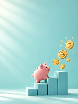 Vertical 3D Clay Piggy Bank on Ascending Staircase for Micro Savings Poster