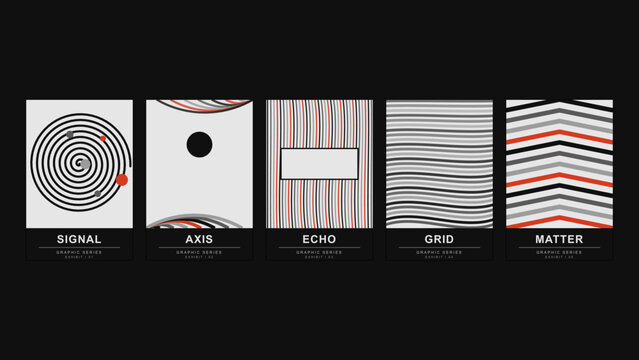 Signal, axis, echo, grid, matter, a series of five monochromatic posters with minimalist geometric lines and circular displayed