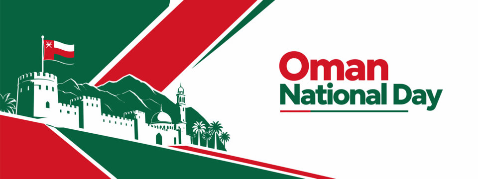 Oman national day vector graphic design featuring traditional architectural landmarks and the official flag colors for a professional patriotic celebration