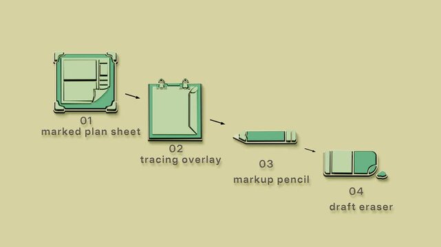 A draft revision marks, overlays, erases, and resets the plan as a downward adjustment toward arrears. Flat 3D style with smooth matte surfaces; objects numbered and labelled in English.