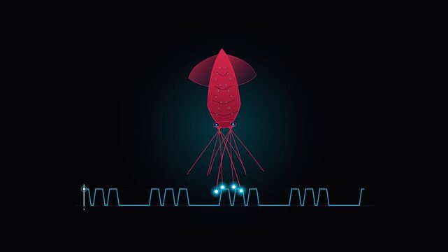 Abstract red squid glowing with digital data waves in dark cyberspace