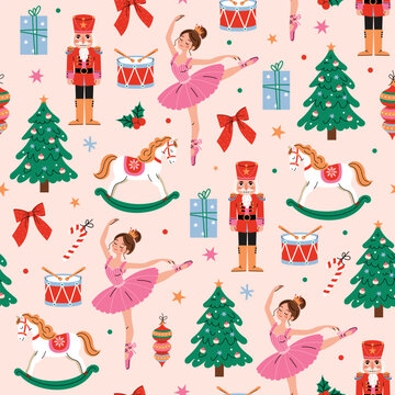 Nutcracker Christmas seamless pattern with pink ballerina, toy soldier, rocking horse, decorated tree and festive gifts. Cute fairytale winter holiday vector background.