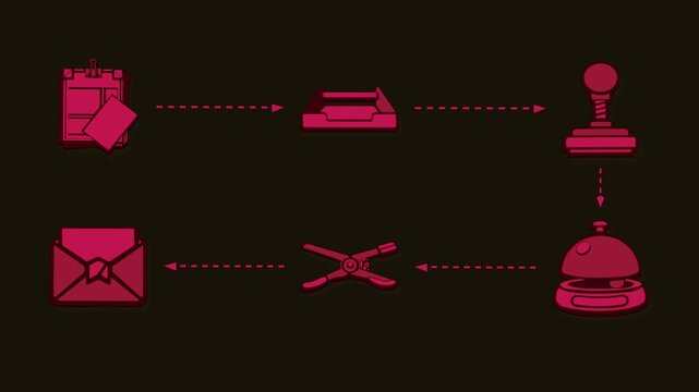 Plans enter a formal intake workflow for filing, review, and receipt. Flat 3D style with a halftone dot screen.