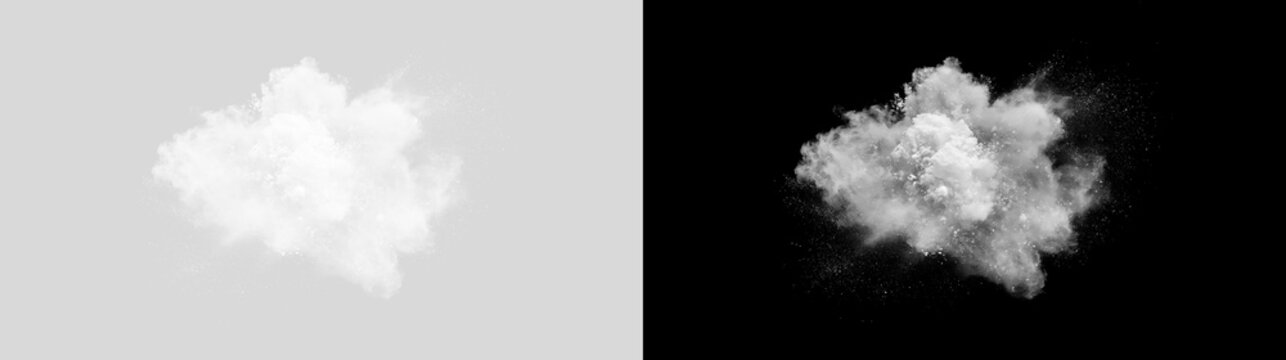 Explosion of white snow powder isolated on transparent background. Flour splash cloud and winter dust blast effect. Design overlay. Background for Design	