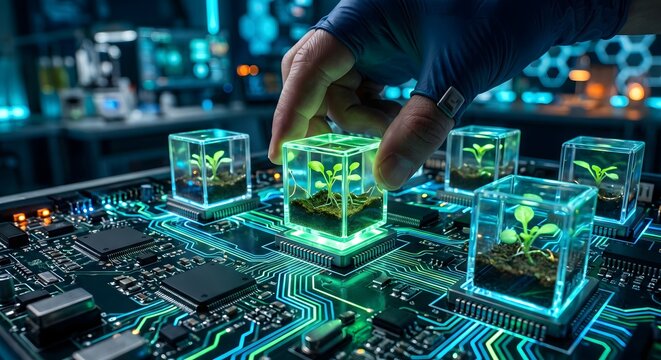 Scientist hand placing microchip cube with growing green plant seedling on futuristic circuit board, biotechnology and green technology concept