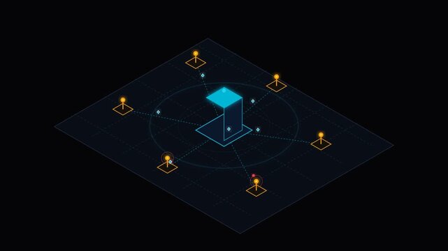 Futuristic digital dashboard with glowing data nodes and central platform in cyberspace