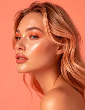 Close-up vertical portrait of a gorgeous model with glossy coquelicot orange lipstick, shimmering highlighter, and matching wavy hair against a warm coral background.