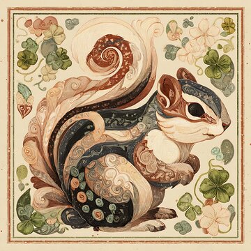 Stylized chipmunk illustration with swirling patterns and floral motifs