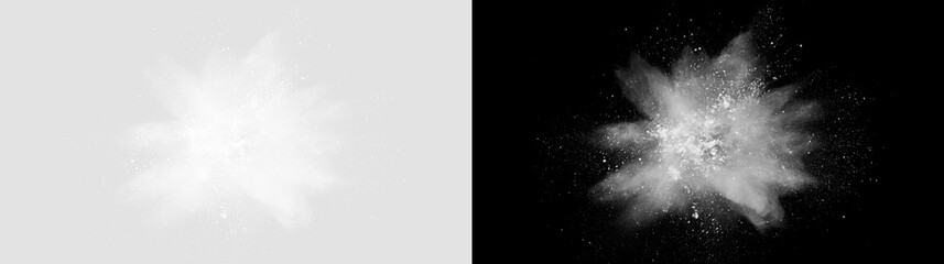 Fototapeta premium White snow burst explosion isolated on transparent background. Radial powder blast and winter particle overlay. Festive winter overlays, cinematic VFX
