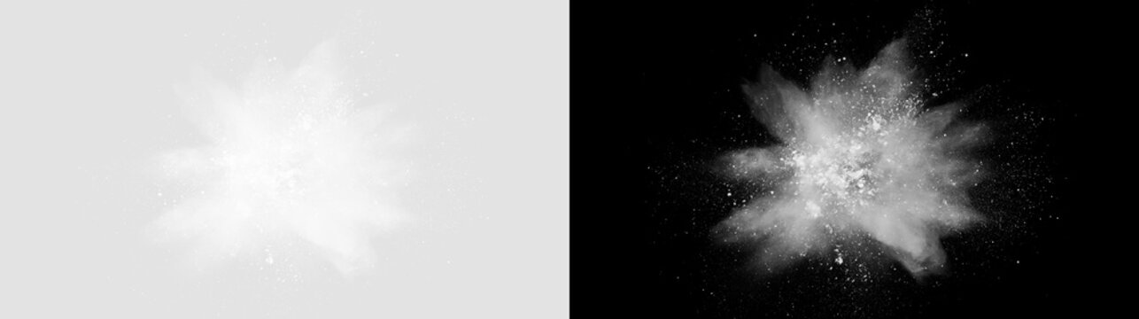 White snow burst explosion isolated on transparent background. Radial powder blast and winter particle overlay. Festive winter overlays, cinematic VFX