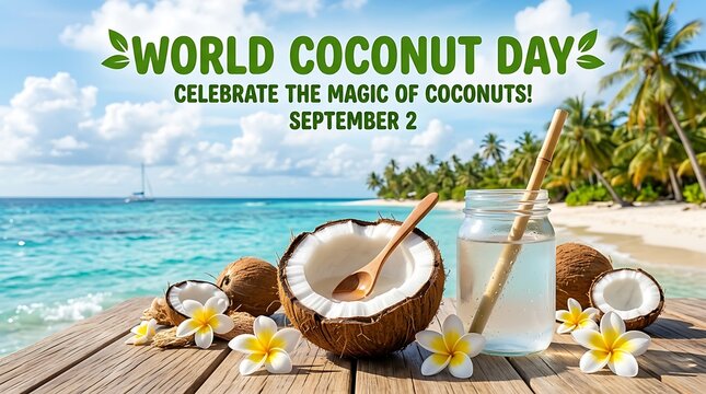 World coconut day celebration with fresh coconut on the beach