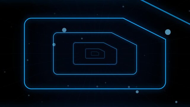Abstract Cyber Security and Connectivity Vector Concept with Nested Glowing Blue SIM Card Wireframe on Dark Particle Background