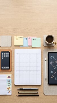Professional flat lay of social media campaign planning with digital devices, sticky notes, and copy space for text.