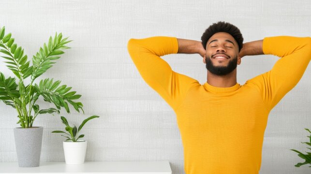 Candid Employee Wellness View of Anonymous employee stretching in office break room office bre