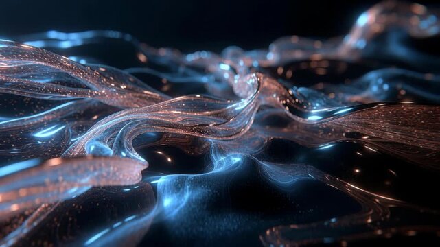 Glossy fluid waves with blue and copper highlights on a dark background, expressing motion, energy, and technology
