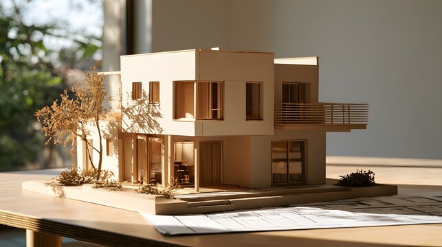 木と紙で作った住宅の建築模型と図面 日差しの入る机