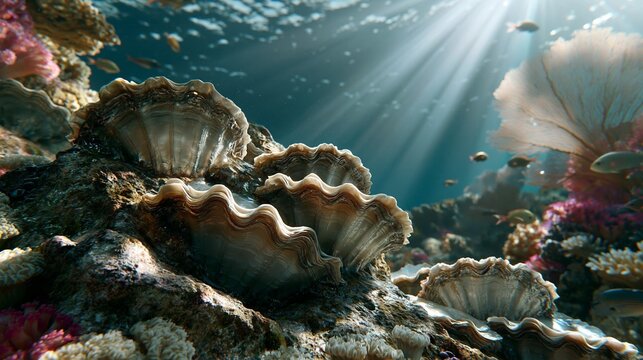 AI generator images of colony of wild pearl oysters firmly attached to rugged underwater rocks in a pristine tropical reef, surrounded by colorful corals, sea fans,small reef fish, crystal-clear water