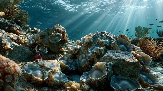 AI generator images of colony of wild pearl oysters firmly attached to rugged underwater rocks in a pristine tropical reef, surrounded by colorful corals, sea fans,small reef fish, crystal-clear water