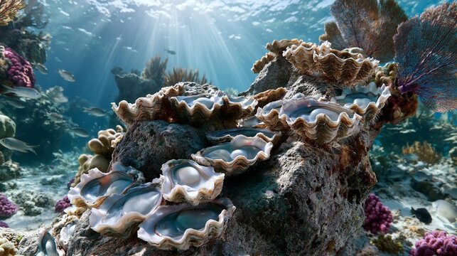 AI generator images of colony of wild pearl oysters firmly attached to rugged underwater rocks in a pristine tropical reef, surrounded by colorful corals, sea fans,small reef fish, crystal-clear water