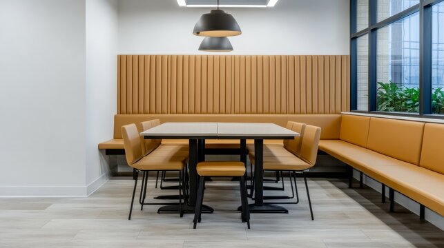 Modern Workplace Lifestyle with Office break room with large communal dining bench office bre