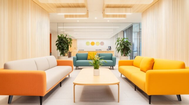 Modern Workplace Lifestyle with Office break room with soft couches and acoustic ceiling offi