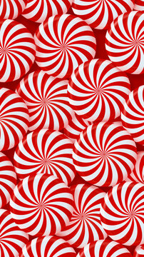 Vibrant red and white striped peppermint hard candies arranged in a festive repeating winter holiday illustration, seamless candy swirl pattern background, with copy space
