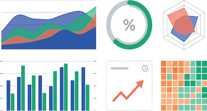 Data Visualization and Financial Dashboard Elements Set Featuring Area Area Graphs Circular Progress Percentage Charts Radar Plots Bar Charts Heatmaps and Growth Vectors