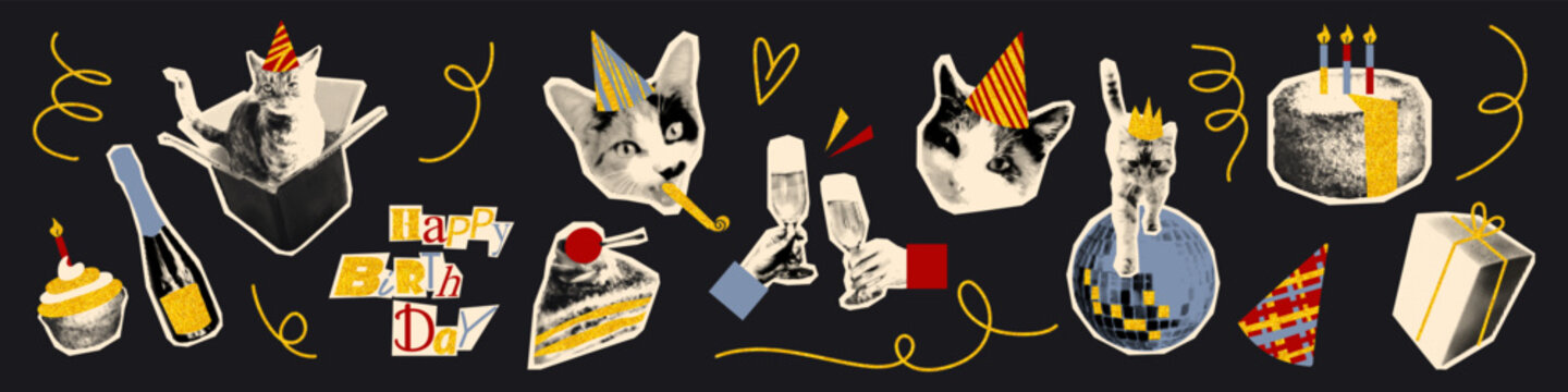 Funny cats celebrating birthday art collage elements set. Playful halftone cut out pets in party hats, cheers with champagne, cake and gift box. Contemporary retro vector stickers with glitter doodles