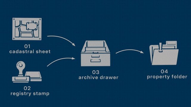 Cadastral inputs converge as a parcel is stamped, filed, and carried into the archive as one registry record. Flat 3D style drawn over in pen and marker; objects numbered and labelled in English.