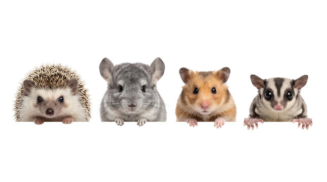 Small exotic pets leaning on white border isolated on white background, hedgehog chinchilla hamster sugar glider group set with copy space