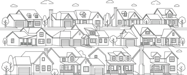 Fototapeta premium Residential Neighborhood Houses Line Art Illustration with Suburban Homes and Community Architecture