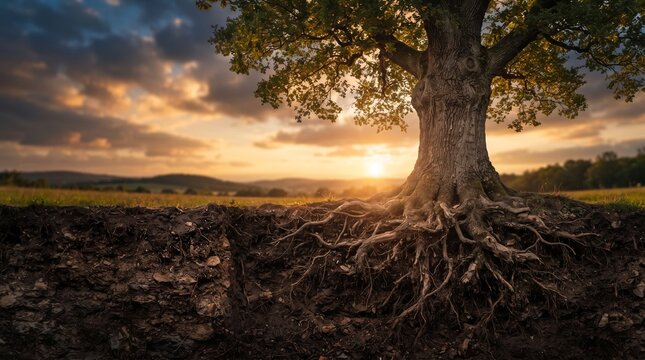 Ancient oak tree roots visible in soil against dramatic sunset sky