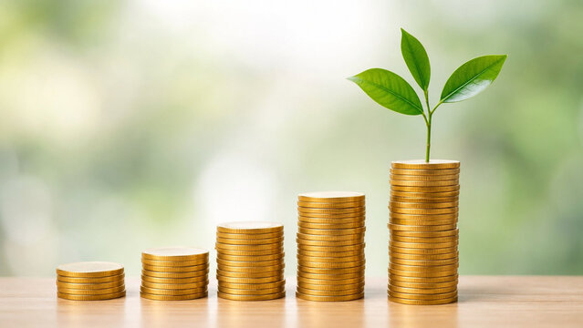 Sustainable Finance Concept: Green Seedling on Stacked Gold Coins with Bokeh Nature Background