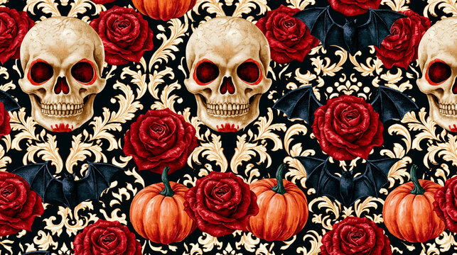 Gothic vintage Halloween damask seamless pattern featuring skulls, roses, bats and pumpkins, ornate spooky d&eacute;cor concept, with copy space
