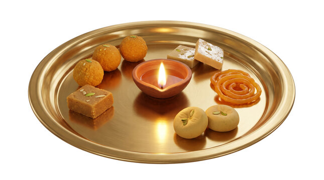 Polished brass thali with lit clay diya and assorted festive sweets for Diwali worship ritual