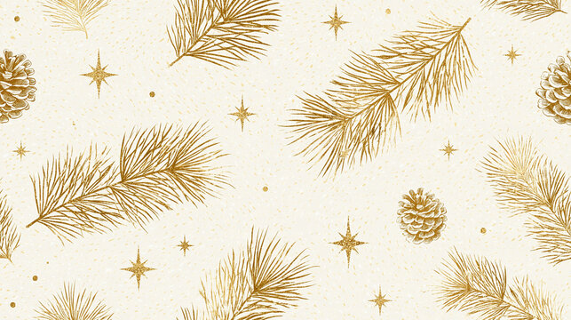 Elegant seamless winter holiday pattern featuring gold foil-style illustrations of pine branches, pinecones and shimmering stars on a textured cream background, luxury festive
