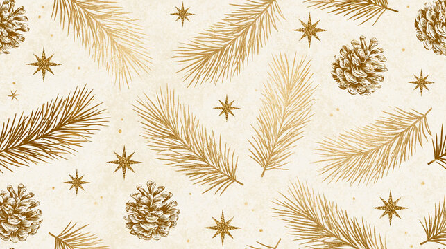 Elegant seamless winter holiday pattern featuring gold foil-style illustrations of pine branches, pinecones and shimmering stars on a textured cream background, luxury festive